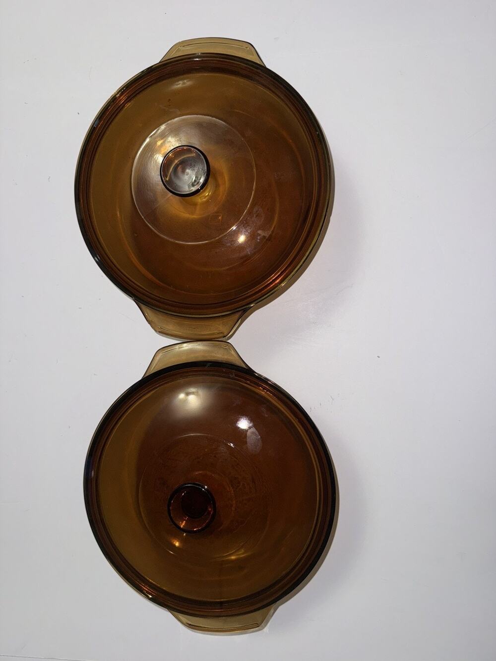 2 Vintage MCM Anchor Hocking Amber Glass Round Casserole Dish w/ Lid 437 1.5 Qt
